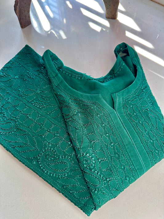 Jaal georgette bottle green Chikankari Kurta