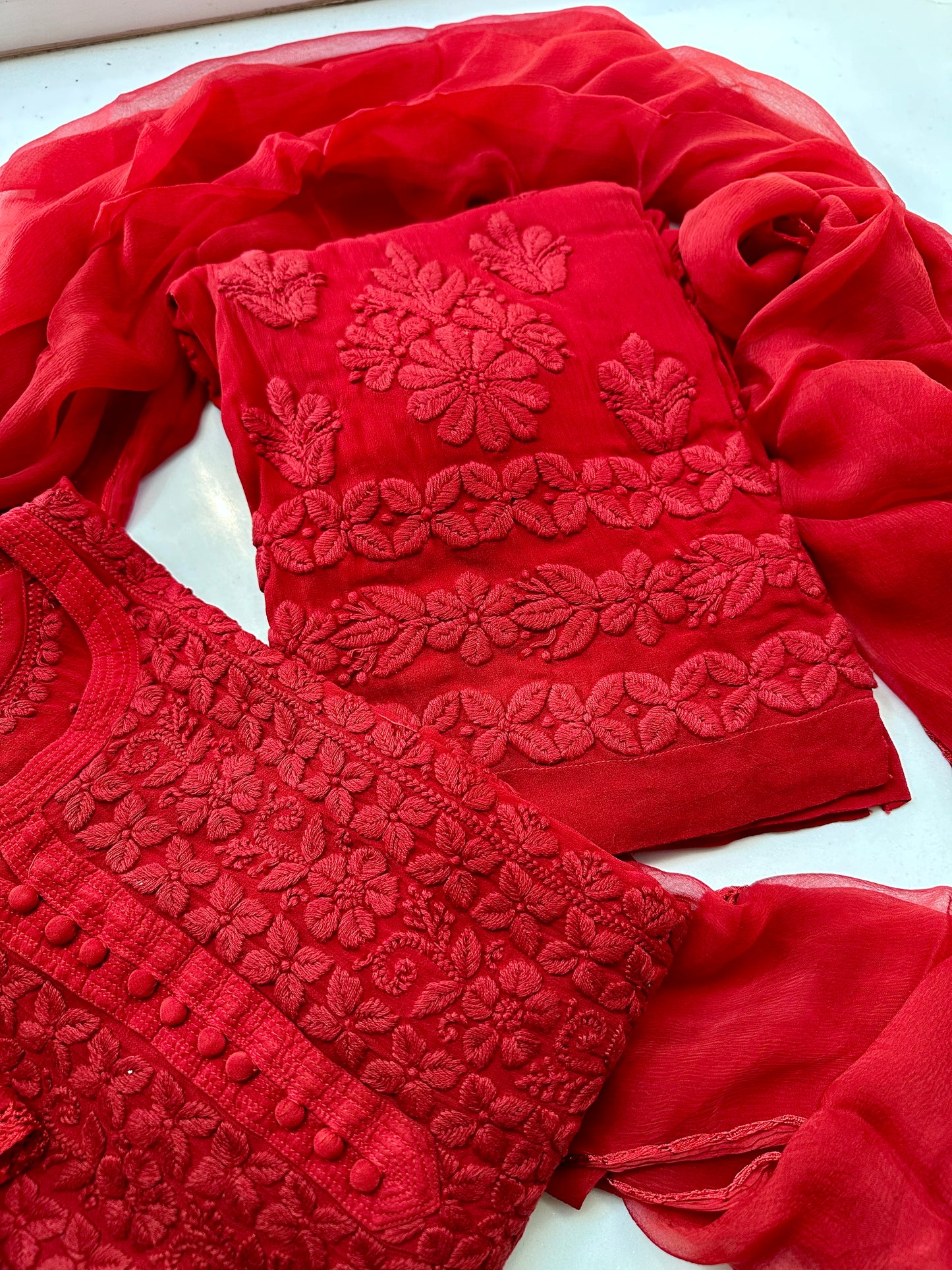 Heer sindoori Red 3D work Suit Set